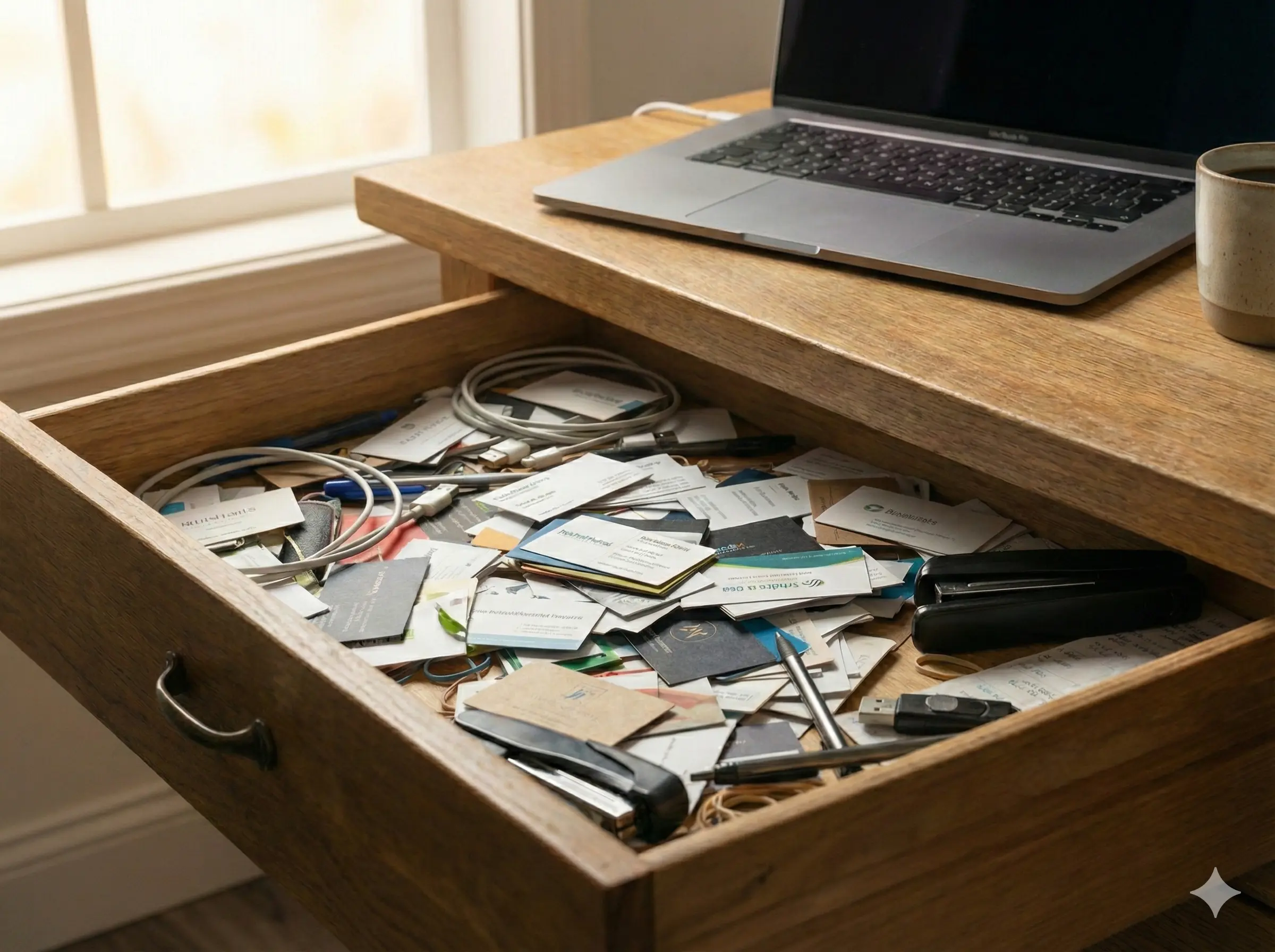 Desk drawer full of business cards